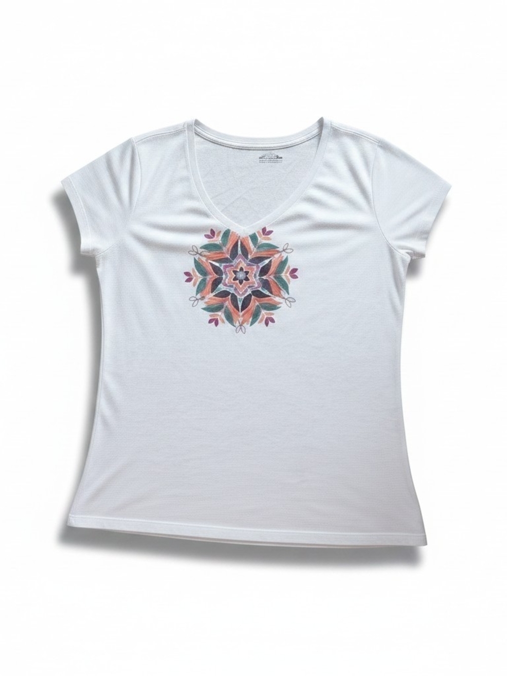 Columbia White Short-Sleeve V-Neck Tee with Floral Medallion